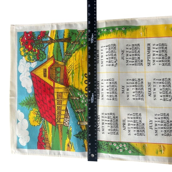 1986 Vintage Calendar Kitchen Towel Covered Bridge Rural Scene Grandmacore Linen - Picture 4 of 4